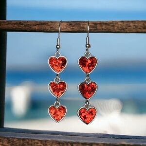 Red Heart Trio Glittery Red & Silver Dangle Earrings Nwt